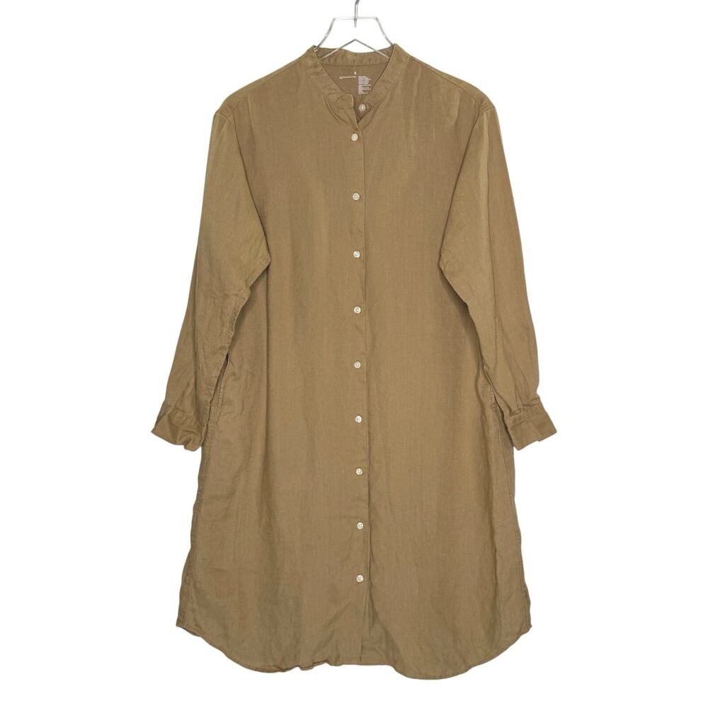 MUJI Washed 100% Linen Long Sleeve Shirt Dress S Band Collar Tan Khaki Relaxed